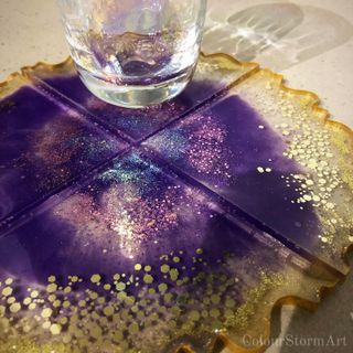 4 rock geode design coasters - purple and gold