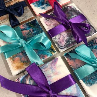 6 coaster set - wrapped in purple and turquoise bows